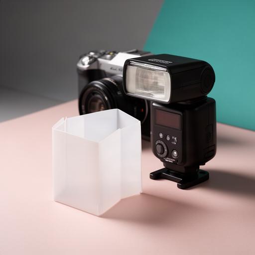 Flash externo y difusor plegable junto a una cámara de mano