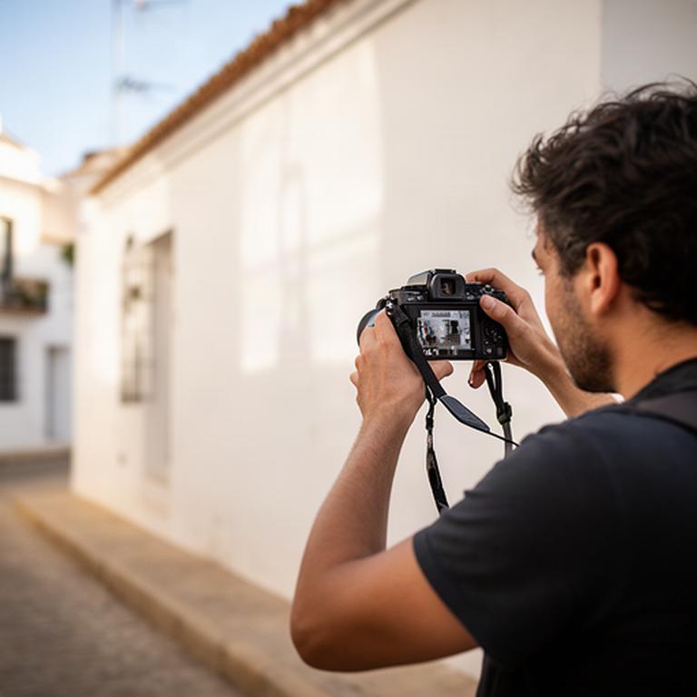Alumna fotografiando una fachada blanca durante una práctica de composición exterior