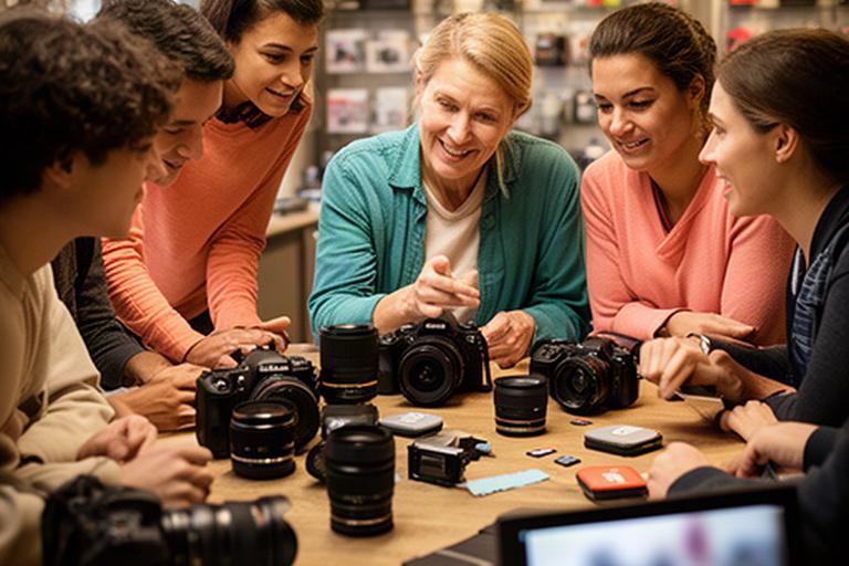 Personas revisando fotografías en la tienda junto a varias cámaras y objetivos