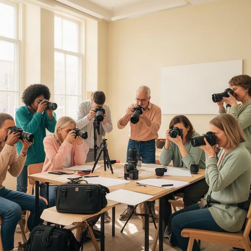 Grupo reducido practicando fotografía con cámaras en una sala de formación luminosa