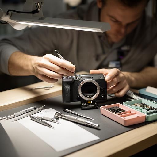 Técnico revisando una cámara fotográfica con herramientas de precisión en un banco de reparación