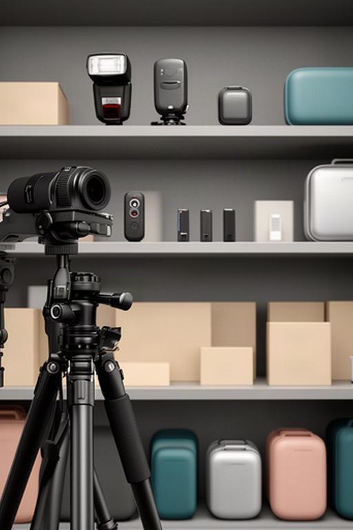 Accesorios fotográficos como tarjetas de memoria, trípode y flash organizados en una estantería